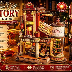 ROKR Dream Gift Factory DIY Miniature House Kit - 3D Wooden Puzzle Toy Workshop with LED Lights - Santa's Xmas Workshop Model