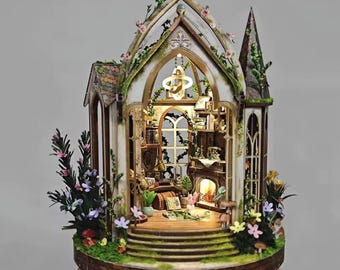 Kit de rincón de lectura de fantasía, inserto de estantería de cabaña encantada, biblioteca mágica en miniatura, diorama de rincón de lectura acogedor, decoración de hogar de hadas