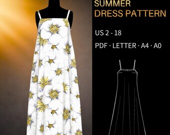 Summer Dress Pattern 0027 - Verified Fit | Easy Sundress with Spaghetti Straps, US 2–18, PDF US Letter, A0 & A4
