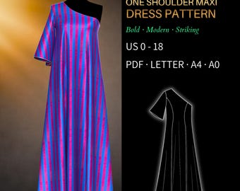 One Shoulder Dress Pattern 0093 – Verified Fit | Asymmetric Neckline, Flared Sleeve, Maxi Dress | PDF Sewing Pattern US 0–18