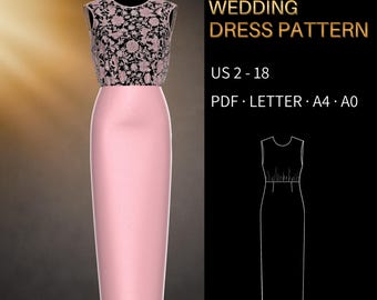 Wedding Dress Pattern 0018 | Full Length Pencil Skirt, Sleeveless Ruched Blouson | US 2-18, PDF US Letter, A4 & A0