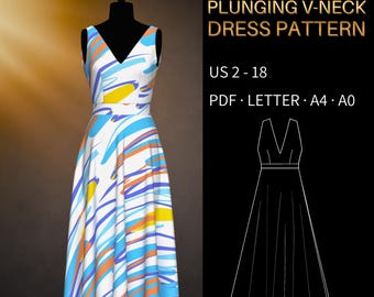 Plunging V-Neck Dress Pattern 0048 - Verified Fit | Sleeveless Fit and Flare Length Dress, US 2–18, PDF US Letter, A0 & A4