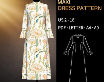 Maxi Dress Pattern 0006 - Verified Fit | Stand Collar, Ruffled Sleeve | US 2-18, PDF LETTER, A4 & A0