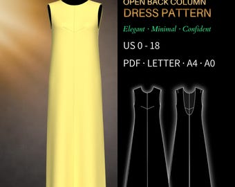 Open Back Dress Pattern 0099 - Verified Fit | Column, Maxi, Sleeveless Dress | PDF Sewing Pattern US 0-18