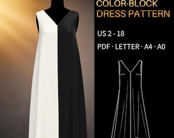 Color-Block Dress Pattern 0017 - Verified Fit | Sleeveless V-Neck Midi | US 2–18, PDF US Letter, A0 & A4