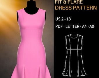 Fit & Flare Dress Pattern 0013 - Verified Fit | Empire Waist Sleeveless Dress with Trumpet Skirt | US 2–18, PDF US Letter, A0 and A4