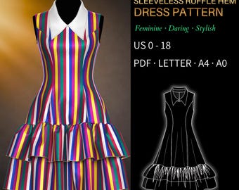 Sleeveless Ruffle Hem Dress Pattern 0071 – Verified Fit | Fitted Dress with Layered Flounce Hem and Collar | PDF Sewing Pattern US 0–18