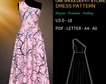 One Shoulder Dress Pattern 0034 – Verified Fit | Fit & Flare Asymmetric Neckline Dress | PDF Sewing Pattern US 0–18