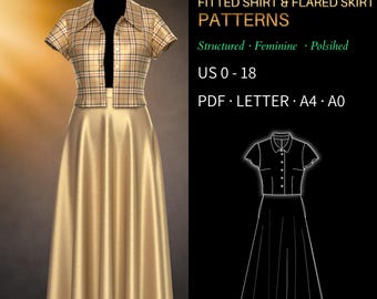 Fitted Shirt Sewing Pattern & Flared Skirt Pattern Set 3993 - Verified Fit | Womens Two Piece Outfit, US 0-18, PDF US Letter, A4 + A0