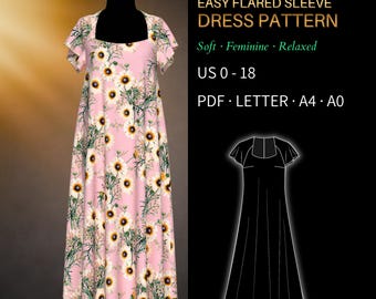 Easy Flared Sleeve Dress Sewing Pattern 0090 – Verified Fit | Relaxed Maxi Dress with Trapeze Neck | PDF Sewing Pattern US 0–18
