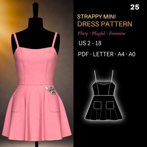 Strappy Mini Dress Pattern 0025 - Verified Fit | Back Buttons, Patch Pockets, US 2-18, PDF US Letter, A4 & A0