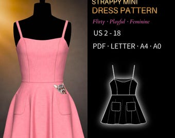Strappy Mini Dress Pattern 0025 - Verified Fit | Back Buttons, Patch Pockets, US 2-18, PDF US Letter, A4 & A0