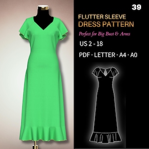 May include: A bright green flutter sleeve dress pattern displayed on a mannequin. The dress has a V-neck and a ruffled hem. The image includes text that reads "FLUTTER SLEEVE DRESS PATTERN" and "US 2-18". A line drawing of the dress is also shown.