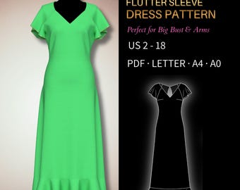 Flutter Sleeve Maxi Dress Pattern 0039 - Verified Fit | V-Neck Dress Pattern, Flounce Hem, US 2-18, PDF Letter, A4 & A0