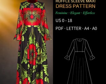 Maxi Dress Sewing Pattern 0075 – Verified Fit | Long Sleeve Fit & Flare Dress with Ruffle Cuffs | PDF Sewing Pattern US 0–18