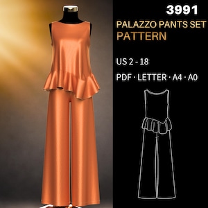 Conjunto de patrones de pantalones palazzo de pierna ancha y top acampanado 3991 - Ajuste verificado / Pantalones con cintura elástica, túnica elegante / Tallas estadounidenses 2-18, PDF tamaño carta estadounidense, A4, A0