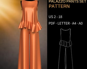 Palazzo Wide Leg Pants & Flared Top Pattern Set 3991 - Verified Fit | Elastic Waist Trousers, Elegant Tunic | US 2-18, PDF US Letter, A4, A0