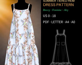 Summer Tiered Dress Sewing Pattern 0086 – Verified Fit | Flared Dress with Patch Pockets and Ruffle Hem | PDF Sewing Pattern US 0–18