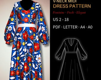 V-Neck Dress Pattern 0053 - Verified Fit | Midi Length, Bishop Sleeve, US 2 - 18, PDF Letter, A4 & A0