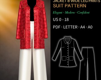 Jacket & Wide Leg Pants Sewing Pattern Set 3998 – Verified Fit | Tailored Shirt Jacket, Elastic Waist Trousers, Two Piece Outfit PDF US 0–18
