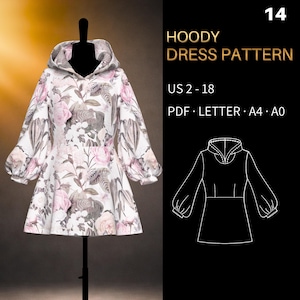 Patrón de vestido con capucha 0014 - Ajuste verificado / Minivestido con capucha, mangas abullonadas y falda acampanada / Tallas estadounidenses 2-18, PDF tamaño carta estadounidense, A4 y A0