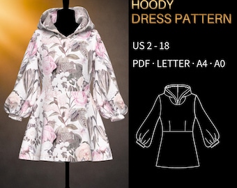 Hoody Dress Pattern 0014 - Verified Fit | Hooded Mini Dress with Bishop Sleeves and Flared Skirt | US 2-18, PDF US Letter, A4 & A0