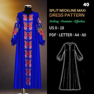 Könnte beinhalten: Ein Schnittmuster für ein leuchtend blaues Maxikleid mit geteiltem Ausschnitt, das auf einer Schaufensterpuppe präsentiert wird. Das Kleid hat florale Stickereien in Rot, Rosa und Grün. Der Text lautet "Split Neckline Maxi Dress Pattern" und "Striking, Feminine, Effortless".