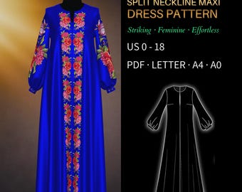 Maxi Dress Sewing Pattern 0040 – Verified Fit | Split Neck Long Sleeve Tent Dress | PDF Sewing Pattern US 0–18