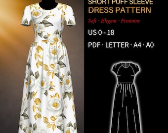 Puff Sleeve Dress Pattern 0032 - Verified Fit | Gathered Skirt, Short Raglan Sleeves | US 0–18, PDF US Letter, A0 & A4