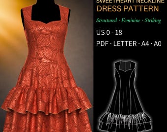 Sweetheart Neckline Dress Pattern 0098 – Verified Fit | Fitted Cocktail Dress with Flounce Skirt | PDF Sewing Pattern US 0–18
