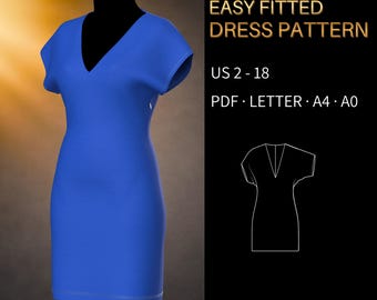 Easy Fitted Dress Pattern 0052 - Verified Fit | V-Neck Dress with Short Dolman Sleeves | Sizes US 2–18, PDF US Letter, A0 & A4