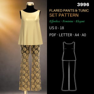 Op de afbeelding: Een goudkleurige tuniek en flared broek set op een mannequin. De broek heeft een bloemenpatroon. De afbeelding bevat de tekst "FLARED PANTS & TUNIC SET PATTERN" en "US 0-18". De set wordt beschreven als "Effortless, Feminine, Elegant".