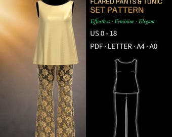 Flared Pants & Sleeveless Tunic Sewing Pattern Set 3996 - Verified Fit | Elasticated Waist Pants, A-Line Tunic, PDF Sewing Pattern US 0-18