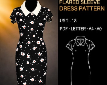 Flared Sleeve Dress Pattern 0037 - Verified Fit | Fitted Knee Length Dress, Short Raglan Sleeves, Collar | US 2–18, PDF US Letter, A0 & A4