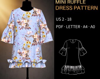 Mini Dress Pattern 0003 - Verified Fit | Ruffles and Back Plunging Key Hole | US 2–18, US LETTER, A4 & A0