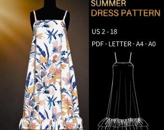 Summer Dress Pattern 0054 – Verified Fit | Tiered Ruffle Hem Sundress, US 2–18, PDF US Letter, A0 & A4