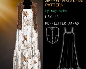 Vest & Dress Sewing Pattern Set 3988 – Verified Fit | Zip Front Vest and Ankle-Length Tiered Dress | PDF Sewing Pattern US 0–18