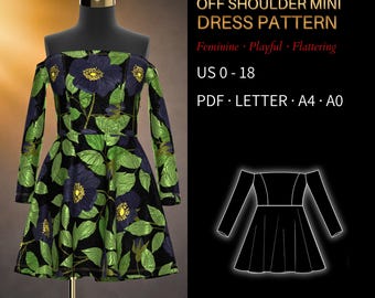 Off Shoulder Mini Dress Pattern 0110 - Verified Fit | US 0-18, PDF US Letter, A4 & A0