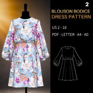 Patroon blouson lijfje jurk 0002 - geverifieerde pasvorm | Bisschopsmouwen en uitlopende rok | VS 2-18, US LETTER, A4 en A0