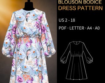 Blouson Bodice Dress Pattern 0002 - Verified Fit | Bishop Sleeves and Flared Skirt | US 2-18, US LETTER, A4 & A0
