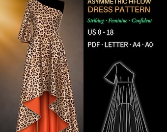 Asymmetric Hi-Low Dress Pattern 0092 – Verified Fit | One Shoulder Cocktail Statement Dress | PDF Sewing Pattern, US 0 -18