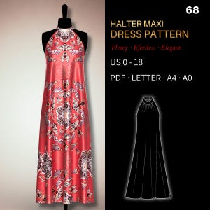 Halter Maxi Dress Sewing Pattern | American Armhole Long Dress | Verified Fit | US 0–18 | PDF A4, A0 & US Letter | 0068