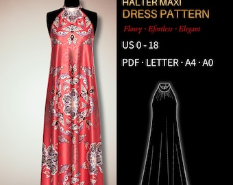 Halter Dress Pattern 0068 - Verified Fit | American Armhole, Maxi Length | US 0-18, PDF US Letter, A4 & A0