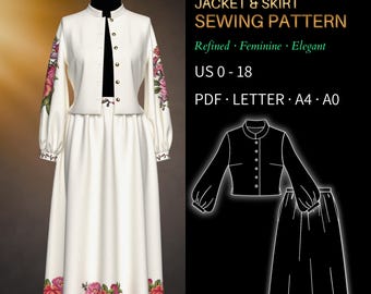 Jacket & Skirt Set Sewing Pattern 4000 – Verified Fit | Cropped Jacket with Mandarin Collar and Gathered Skirt | PDF Sewing Pattern US 0–18