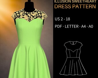 Illusion Sweetheart Yoke Dress Pattern 0009 - Verified Fit | Fit and Flare Mini Dress, US 2-18, PDF US Letter, A4 & A0