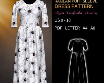 Puff Sleeve Midi Dress Pattern 0016 - Verified Fit | Raglan Sleeves, Fitted Waist A Line Dress Pattern | US 0–18, PDF US Letter, A0 & A4
