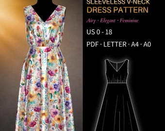 V-Neck  Dress Pattern 0061 - Verified Fit | Midi Length, Sleeveless | US 0 - 18, PDF US Letter, A4 & A0