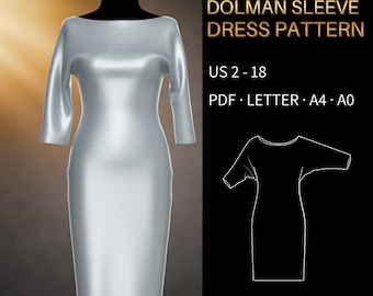 Dolman Sleeve Dress Pattern 0031 - Verified Fit | Below Knee Fitted Dress with Boat Neck | US 2-18, PDF US Letter, A0 & A4