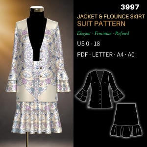 May include: A cream-colored jacket and flounce skirt suit pattern displayed on a mannequin. The suit features a floral pattern in shades of lavender, blue, and cream. The jacket has bell sleeves and gold buttons. The text on the image reads "JACKET & FLOUNCE SKIRT SUIT PATTERN".