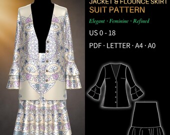 Jacket & Skirt Suit Pattern Set 3997 – Verified Fit | Straight Jacket, Double Flounce Sleeves, Flounce Hem Skirt, PDF Sewing Pattern US 0–18